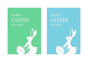 Happy Easter rabbit basket chicken eggs vintage greeting card set design template flat vector