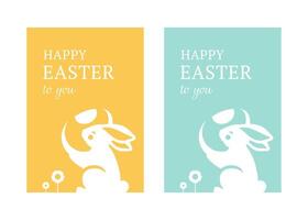 Easter greeting card vintage design template rabbit with huge chicken egg set flat vector