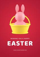Happy Easter rabbit in festive basket surprise 3d greeting card design template realistic illustration vector