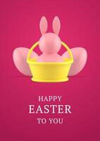 Happy Easter 3d greeting card bunny bauble in basket with painted chicken eggs design template vector