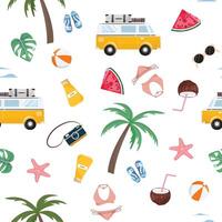 Summer Vacation Seamless Pattern With Travel Tropical Elements And Minivan vector