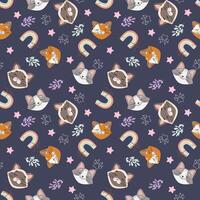 Seamless pattern adorned with adorable cat faces, vibrant rainbows, twinkling stars, delicate leaves, and playful paw prints. Against a soothing purple backdrop vector