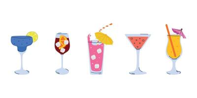 Cocktails set, refreshing cocktails with ice cubes, summer vacation and beach party, cocktails clipart vector