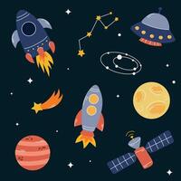 Set of cute space objects with planets, stars, constellations, rockets and satellites vector