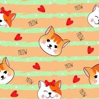 Seamless pattern with many different red heads of cats on orange striped background. illustration for children. vector