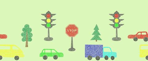 Seamless pattern border with hand drawn cars on green background in childrens naive style. vector