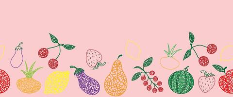 Seamless pattern border with hand drawn watermelon, cherry, apple, pear, lemon, strawberry, eggplant, currant, onion on pink background in childrens naive style. vector