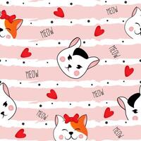 Seamless pattern with many different red and black and white heads of cats on pink striped background. illustration for children. vector