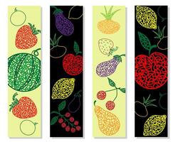 .Set bookmarks with hand drawn watermelon, cherry, apple, pear, lemon, strawberry, eggplant, currant, onion on yellow and black background in childrens naive style. vector