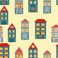 Seamless pattern with hand drawn city. Many cute different houses with red roof on yellow background. vector