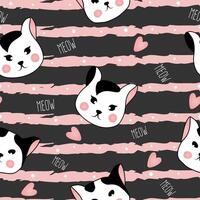 Seamless pattern with black and white headbof cats on striped background. illustration for children. vector