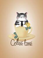 card with grey smart cat, sitting in the cup. Lettering - Coffee time. vector