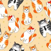 Seamless pattern with many different red, grey cats on yellow background. illustration for children. vector