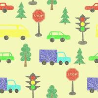 Seamless pattern with hand drawn cars on yellow background in childrens naive style. vector