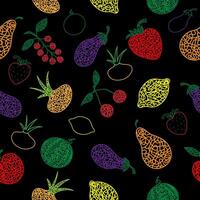 Seamless pattern with hand drawn watermelon, cherry, apple, pear, lemon, strawberry,eggplant,currant, onion on black background in childrens naive style. vector