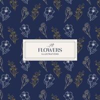 Elegance Blue Cream White Hand drawn mono-line floral botanical flower background design vector