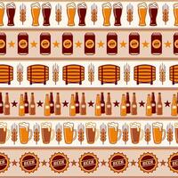 Seamless geometric pattern with icons of beer barrel, bottles, cans, glasses. Horizontal striped light colored background. Good for branding, decoration of beer package, cover design Simple flat style vector