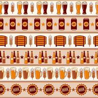 sin costura geométrico modelo con íconos de cerveza barril, botellas, latas, lentes. horizontal a rayas ligero de colores antecedentes. bueno para marca, decoración de cerveza paquete, cubrir diseño sencillo plano estilo vector