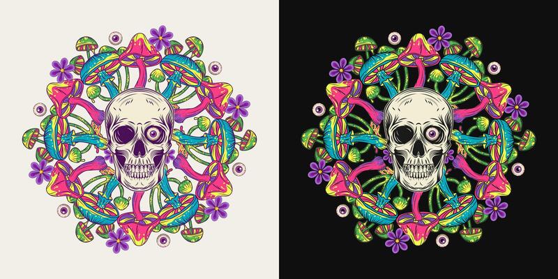 Circular pattern with human skull, colorful mushrooms, chamomiles, eyeballs. Bright nature objects in neon colors. Concept of madness, craziness. Surreal illustration for groovy, psychedelic design