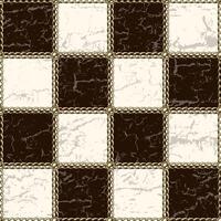 Chess board background vintage design with golden chains, beads. Damaged old wooden surface with cracks, scratches. seamless pattern. vector