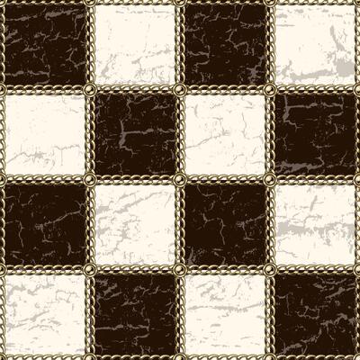 Chess board background vintage design with golden chains, beads. Damaged old wooden surface with cracks, scratches. seamless pattern.