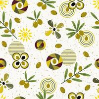 Seamless pattern with scattered olive berries, olive tree branch, bunch of olives, geometric shapes on white textured background. For branding, decoration of food package, decorative print for kitchen vector