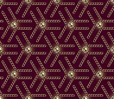 Abstract geometric pattern with hexagons, golden realistic jewelry chains, beads on dark red background. Vintage geometric backdrop. Classic elegance design. vector
