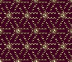 Abstract geometric pattern with hexagons, golden realistic jewelry chains, beads on dark red background. Vintage geometric backdrop. Classic elegance design. vector