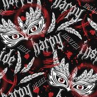 Pattern with scary masquerade mask, feathers, red eyes behind, text Harpy inside. Concept of insane rebellious character, inner strength For prints, tattoo, clothing, t shirt design. Trash polka style vector