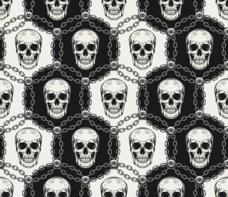 Geometric hexagonal pattern with human skulls, steel chains, rivets. Monochrome background in vintage style. Good for mens apparel, clothing, fabric, textile, sport goods.