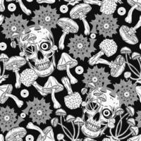 Pattern with human skull, mushrooms, eyeballs. Skull with curled fractal horns. Concept of madness and craziness. Surreal illustration for groovy, hippie, mystical, psychedelic design vector