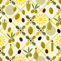 Seamless olive oil themed pattern with icons, geometric shapes in square diagonal grid. Simple flat style. For branding, decoration of food package, decorative print vector