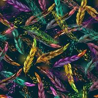 Seamless pattern with motley colorful feathers. Carnival background with flying feathers, grunge paint brush strokes, round halftone shapes behind. vector