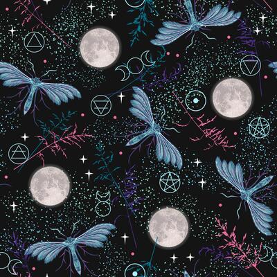 Night pattern with full moon, stars, butterfly, moth, blades of grass, star dust, wiccan symbols. Mystery, fairy concept of natural power, advanced knowledge