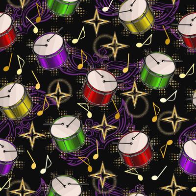 Carnival seamless colorful pattern with drums, music notes, stars, sparkle halftone shapes. Outline masks behind. Detailed vintage illustration for prints, apparel, clothing, surface design