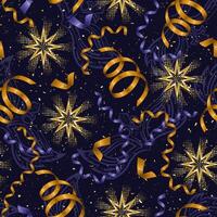 Pattern with flying, falling serpentine ribbons, gold shiny stars on dark background. Outline masks, golden confetti behind. Carnaval print ornament. vector