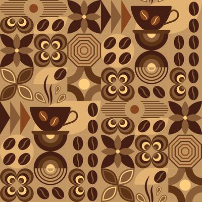 Coffee theme seamless pattern in simple geometric style with abstract shapes. Dark roast level coffee. Good for branding, decoration of food package, cover design, decorative print, background