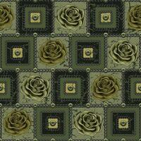 Square camouflage geometric pattern with green roses, steel chains, rivets. Diagonal ornament with grungy squares. Illustration. vector