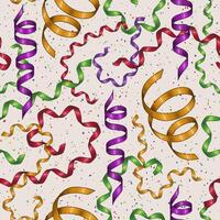Colorful twisted, falling serpentine ribbons on white background, seamless carnival pattern. Carnaval print ornament. Red, yellow, purple, green streamers on textured backdrop. vector