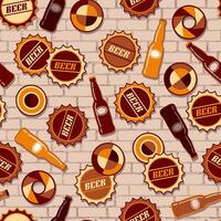 Seamless pattern with scattered icons of beer bottle, bottle caps, circular abstract geometric shapes on grunge brick wall background. Good for branding, decoration of beer package, decorative print. vector