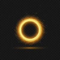 illustration of bright fiery magical portal with reflection, glowing lights in shape of sparkling circle on dark transparent background. Round frame template. Glow trail effect, sparks, fire vector