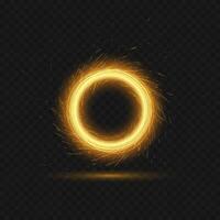 illustration of bright fiery magical portal with reflection, glowing lights in shape of sparkling circle on dark transparent background. Round frame template. Glow trail effect, sparks, fire vector