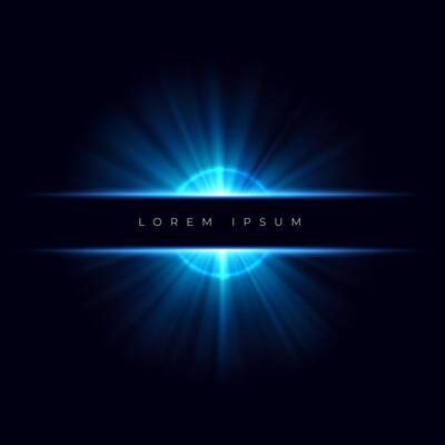 template with light blue flash and copy space. Illustration with realistic explosion, bright rays on dark background. Lens effect. Space wallpaper with place for text.