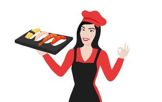 Woman chef with Japanese sushi food illustration vector