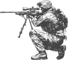 sniper army soldier in action full body image using Old engraving style vector