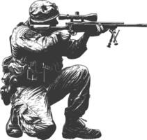 sniper army soldier in action full body image using Old engraving style vector