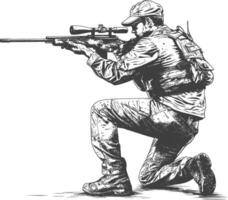 sniper army soldier in action full body image using Old engraving style vector