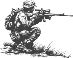 sniper army soldier in action full body image using Old engraving style vector