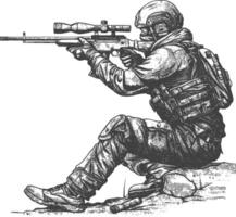 sniper army soldier in action full body image using Old engraving style vector