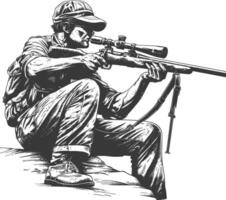 sniper army soldier in action full body image using Old engraving style vector